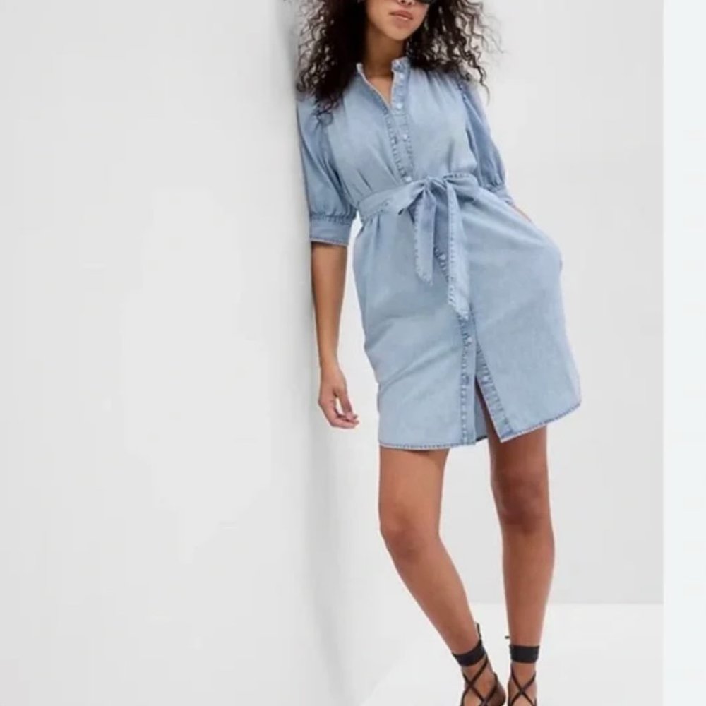 NWT Gap Lyocell Puff Sleeve Denim Shirtdress with Washwell